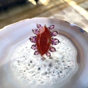 Amethyst and Orange Goldstone Dahlia Flower Cocktail Ring in Silver